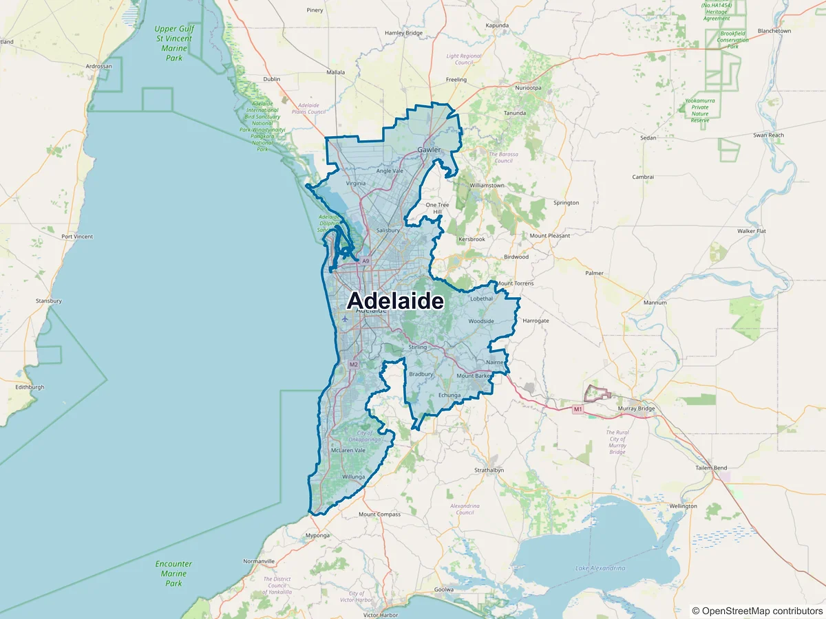 Map of Adelaide and its postcodes, Australia