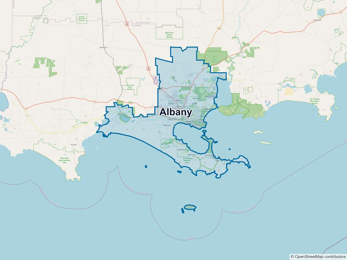 Map of Albany and its postcodes, Australia