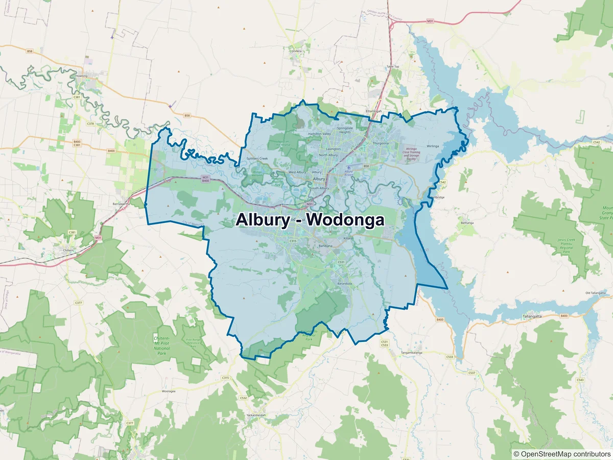 Map of Albury - Wodonga and its postcodes, Australia