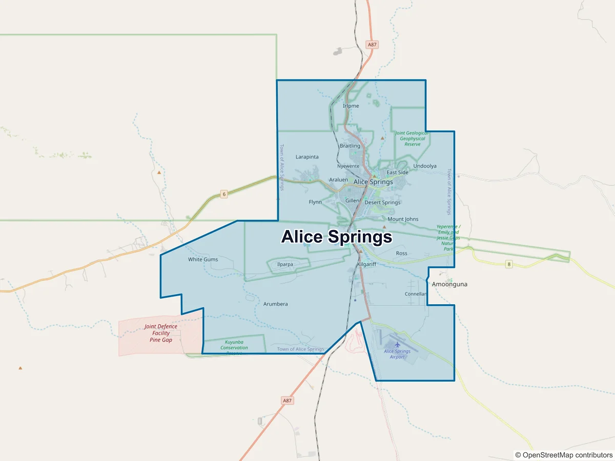 Map of Alice Springs and its postcodes, Australia