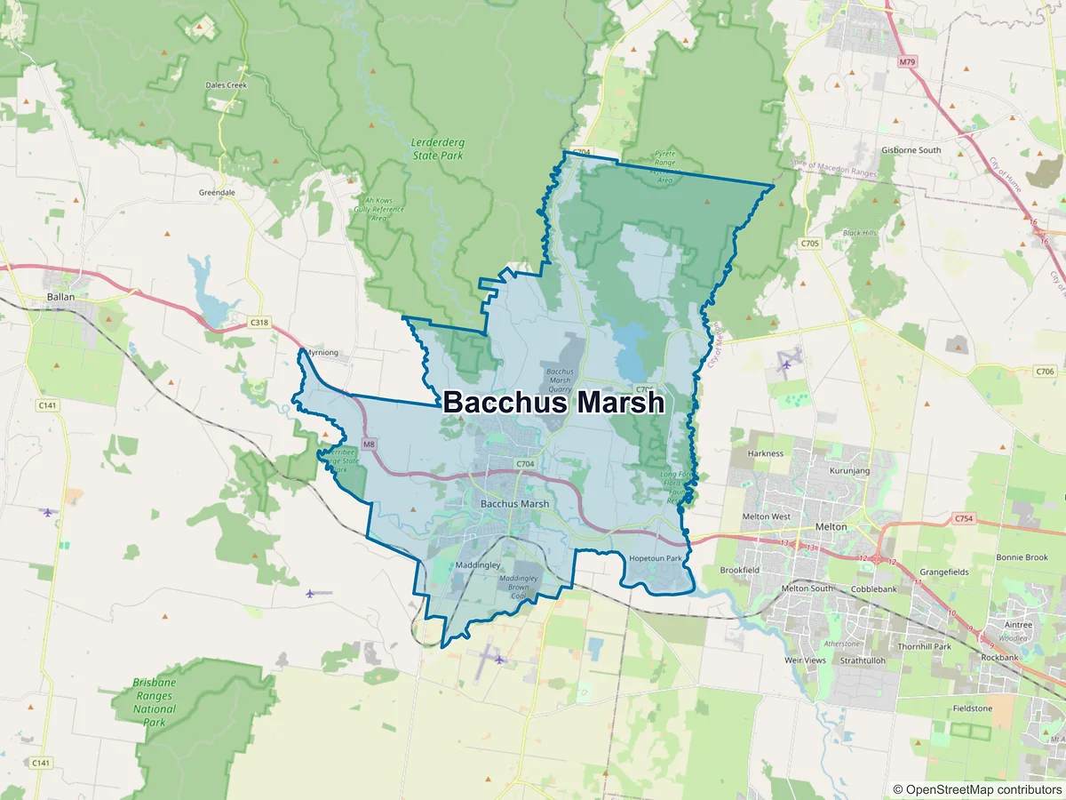 Map of Bacchus Marsh and its postcodes, Australia