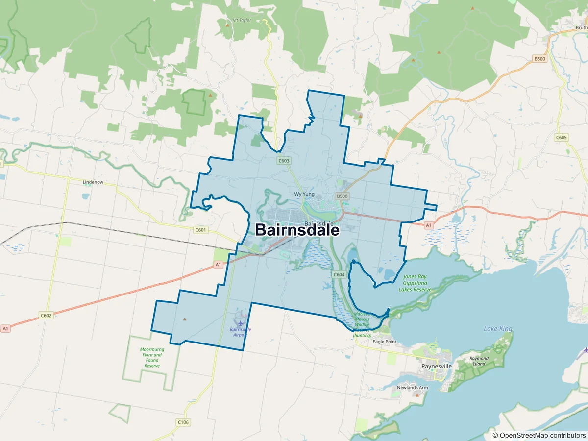 Map of Bairnsdale and its postcodes, Australia