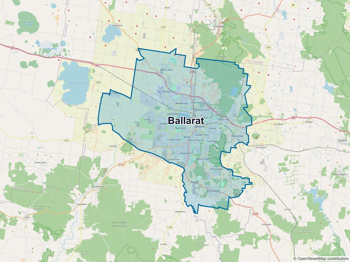 Map of Ballarat and its postcodes, Australia