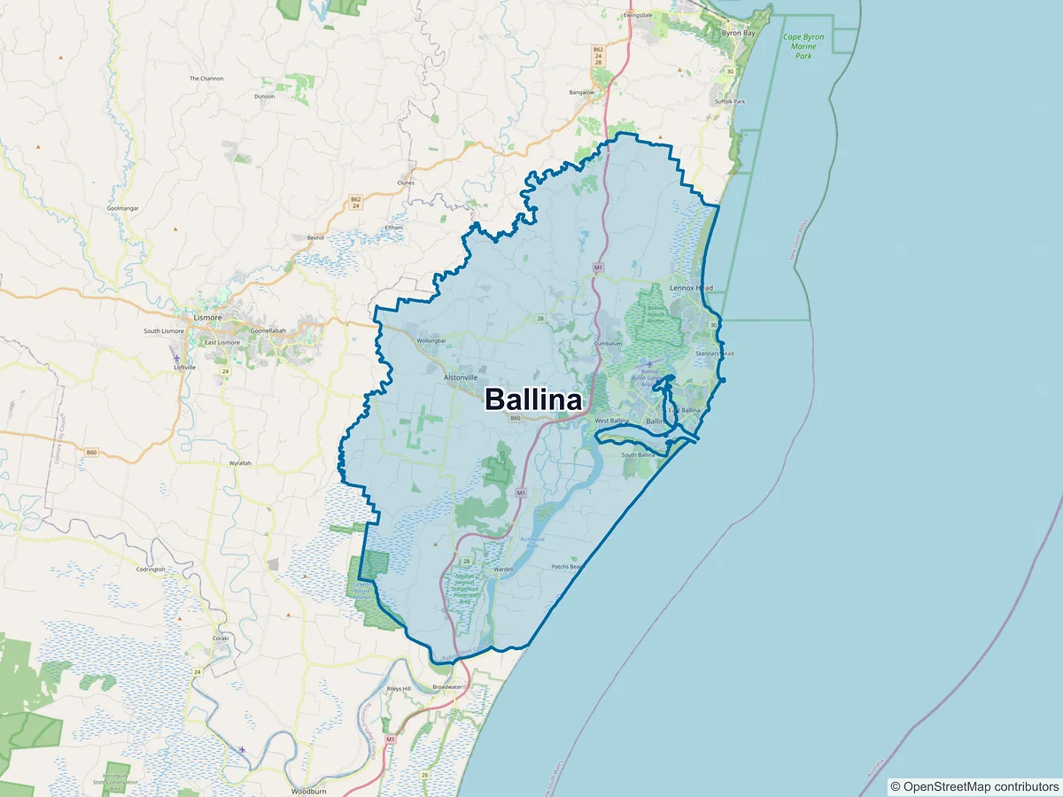 Map of Ballina and its postcodes, Australia