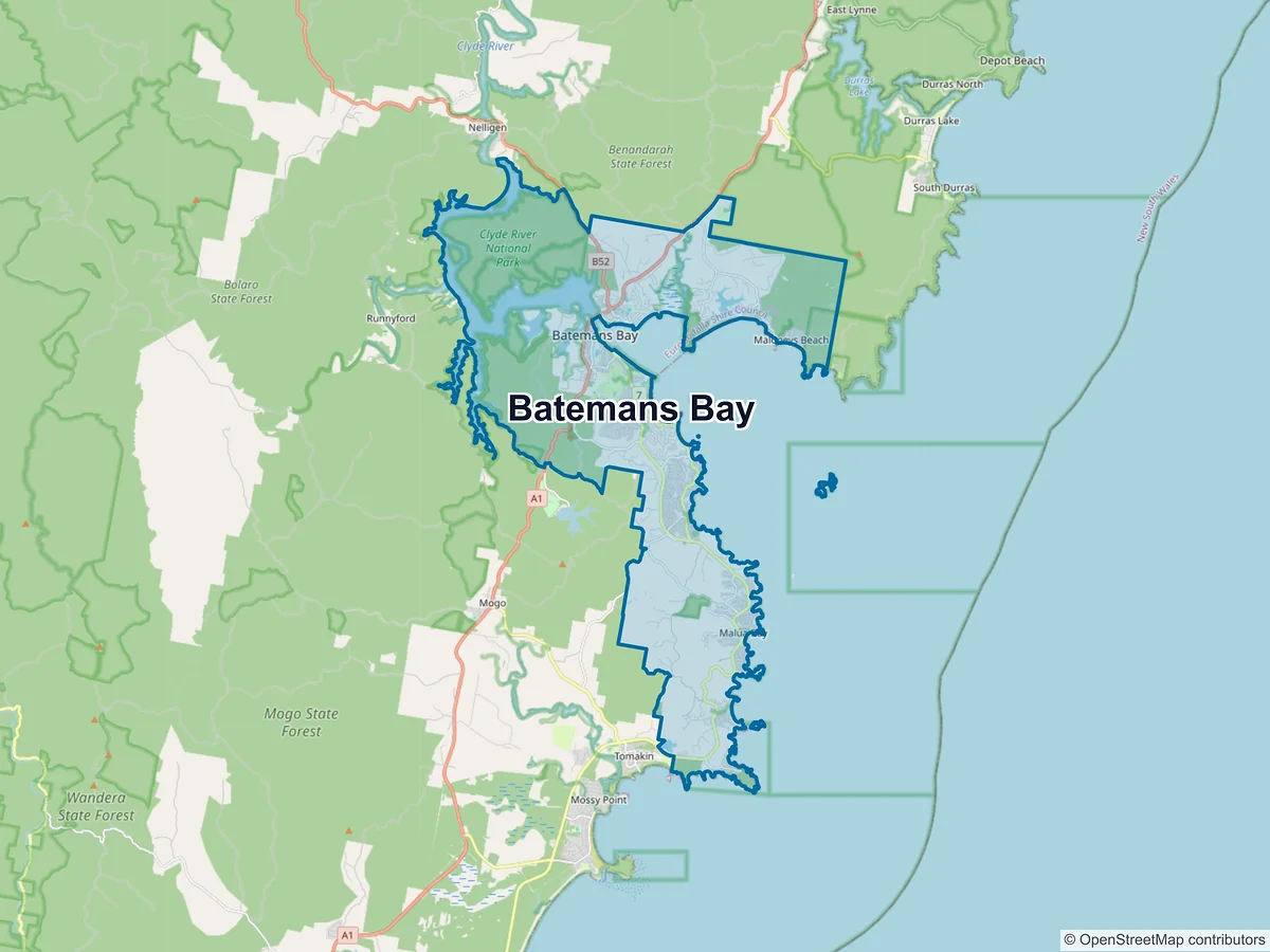 Map of Batemans Bay and its postcodes, Australia