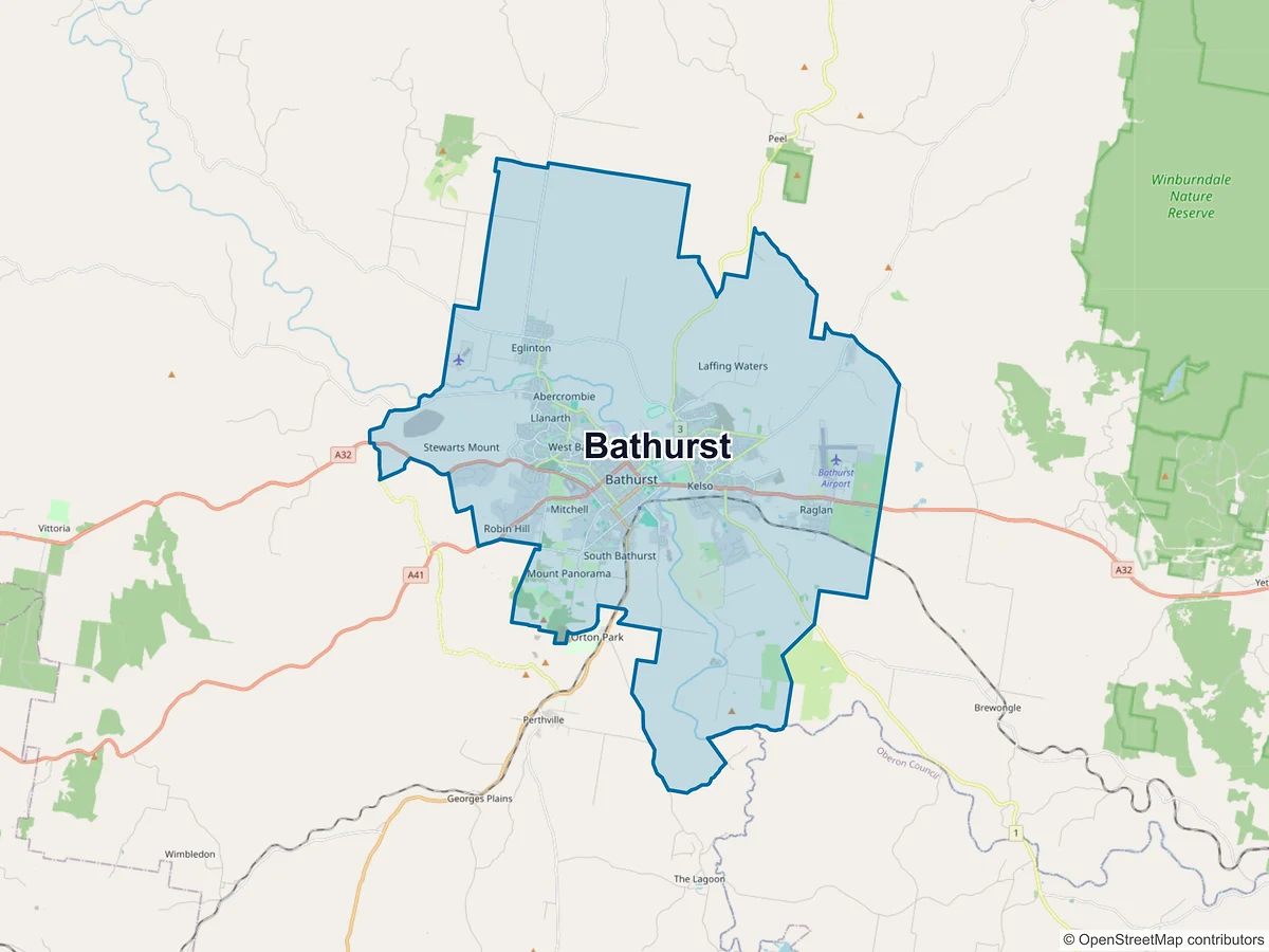 Map of Bathurst and its postcodes, Australia
