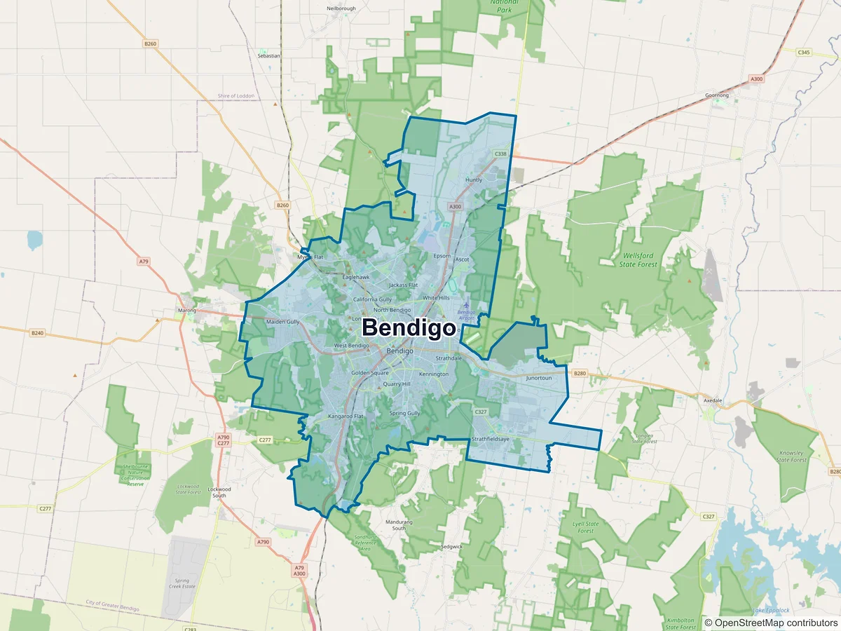 Map of Bendigo and its postcodes, Australia