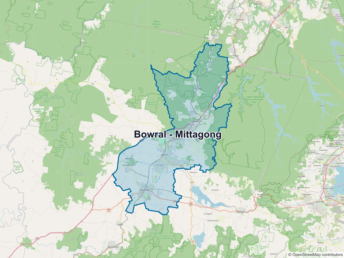Map of Bowral - Mittagong and its postcodes, Australia