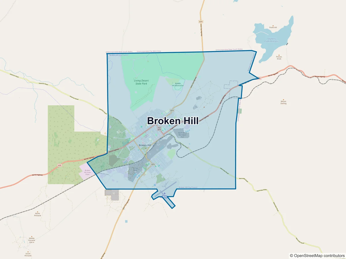 Map of Broken Hill and its postcodes, Australia