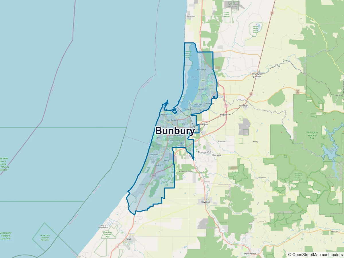 Map of Bunbury and its postcodes, Australia