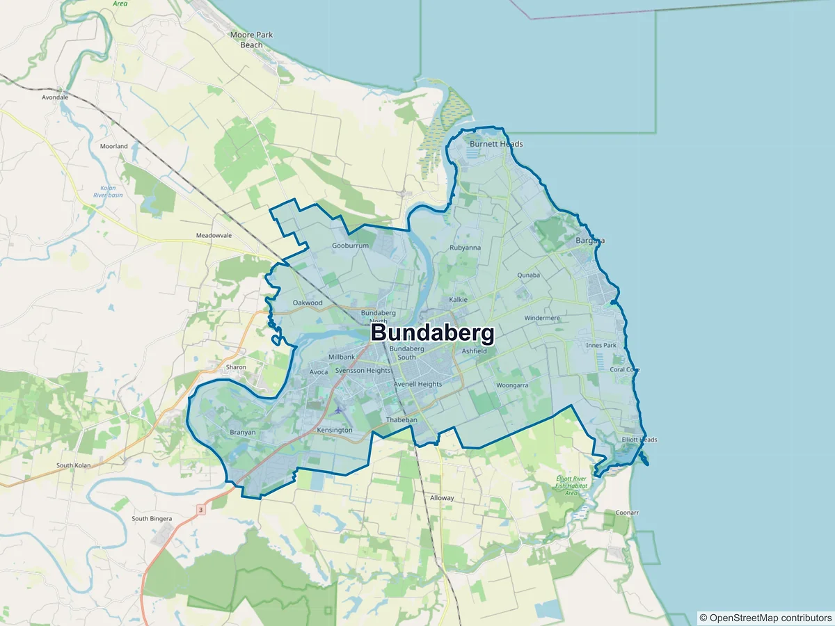 Map of Bundaberg and its postcodes, Australia