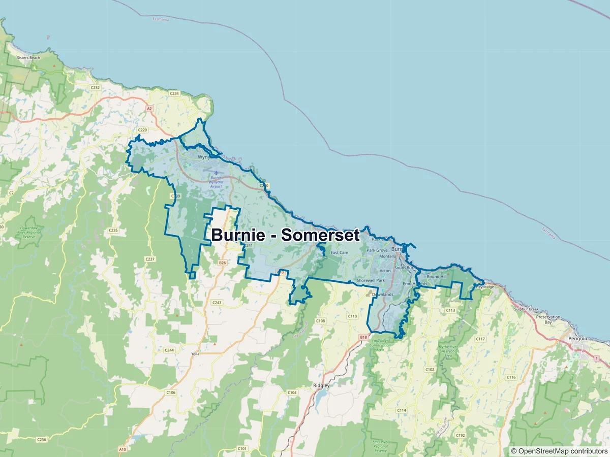 Map of Burnie - Somerset and its postcodes, Australia