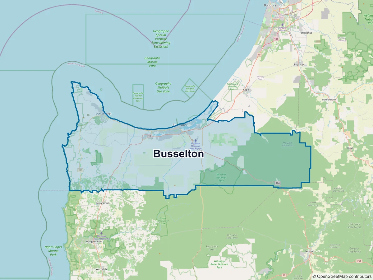 Map of Busselton and its postcodes, Australia