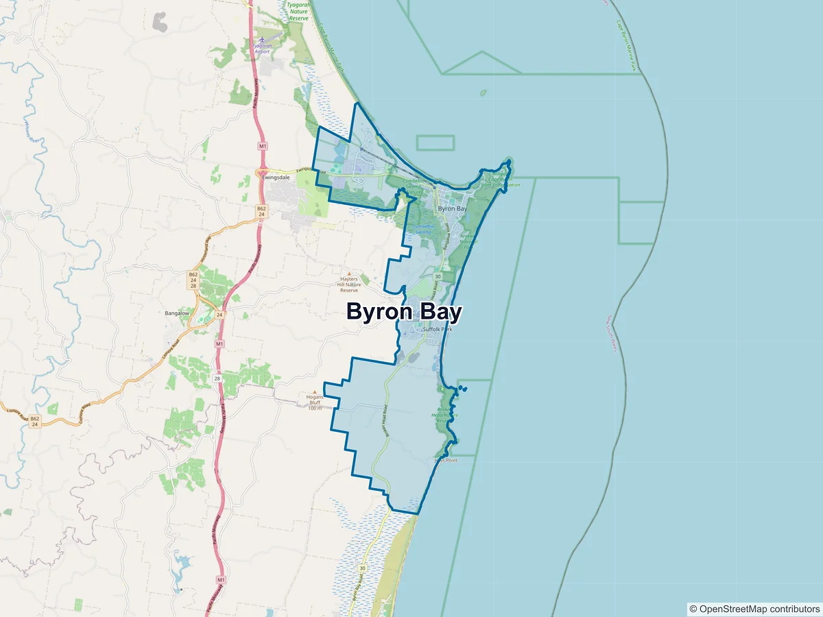 Map of Byron Bay and its postcodes, Australia
