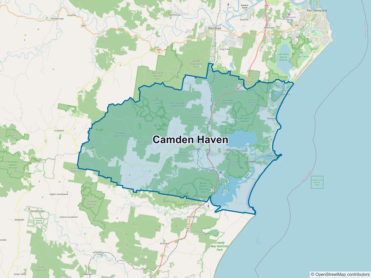 Map of Camden Haven and its postcodes, Australia