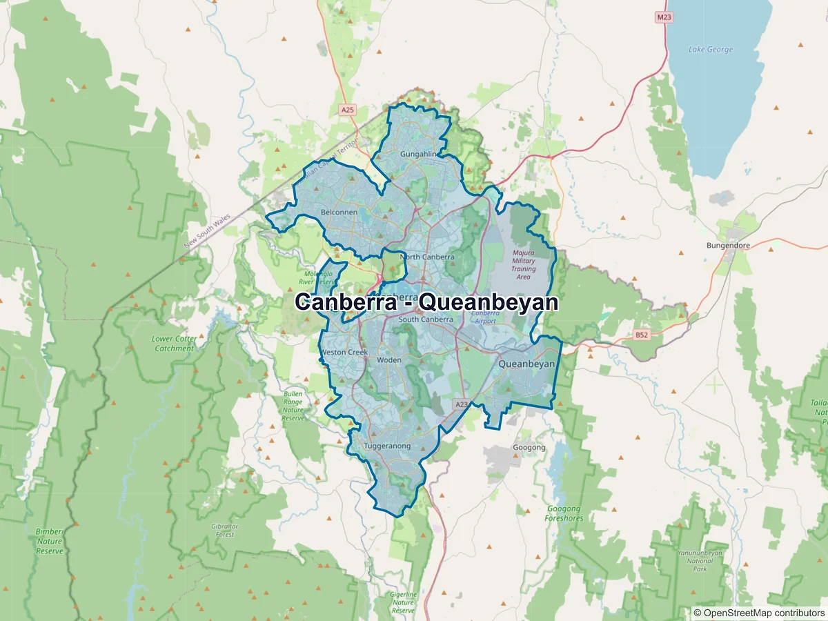 Map of Canberra - Queanbeyan and its postcodes, Australia