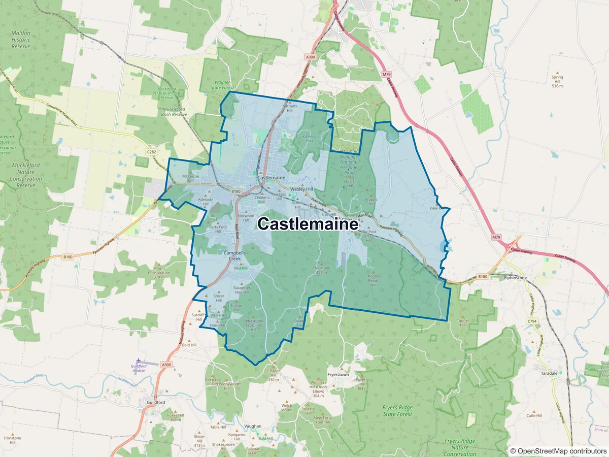 Map of Castlemaine and its postcodes, Australia