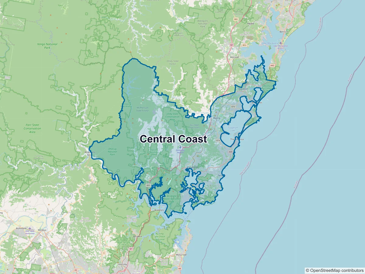 Map of Central Coast and its postcodes, Australia