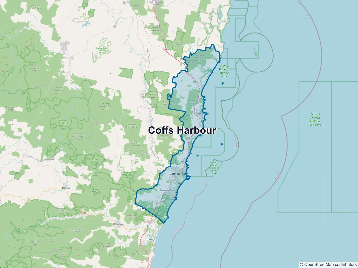 Map of Coffs Harbour and its postcodes, Australia