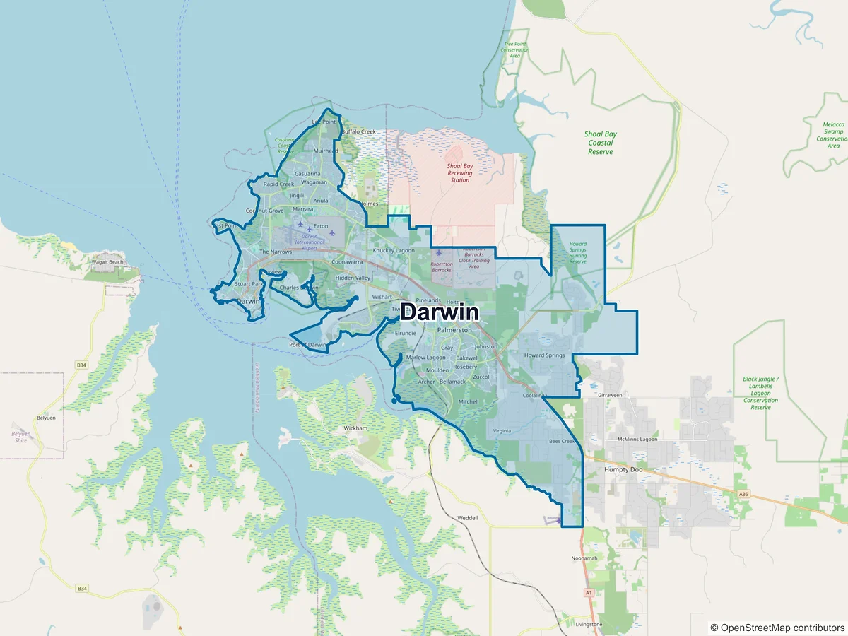 Map of Darwin and its postcodes, Australia