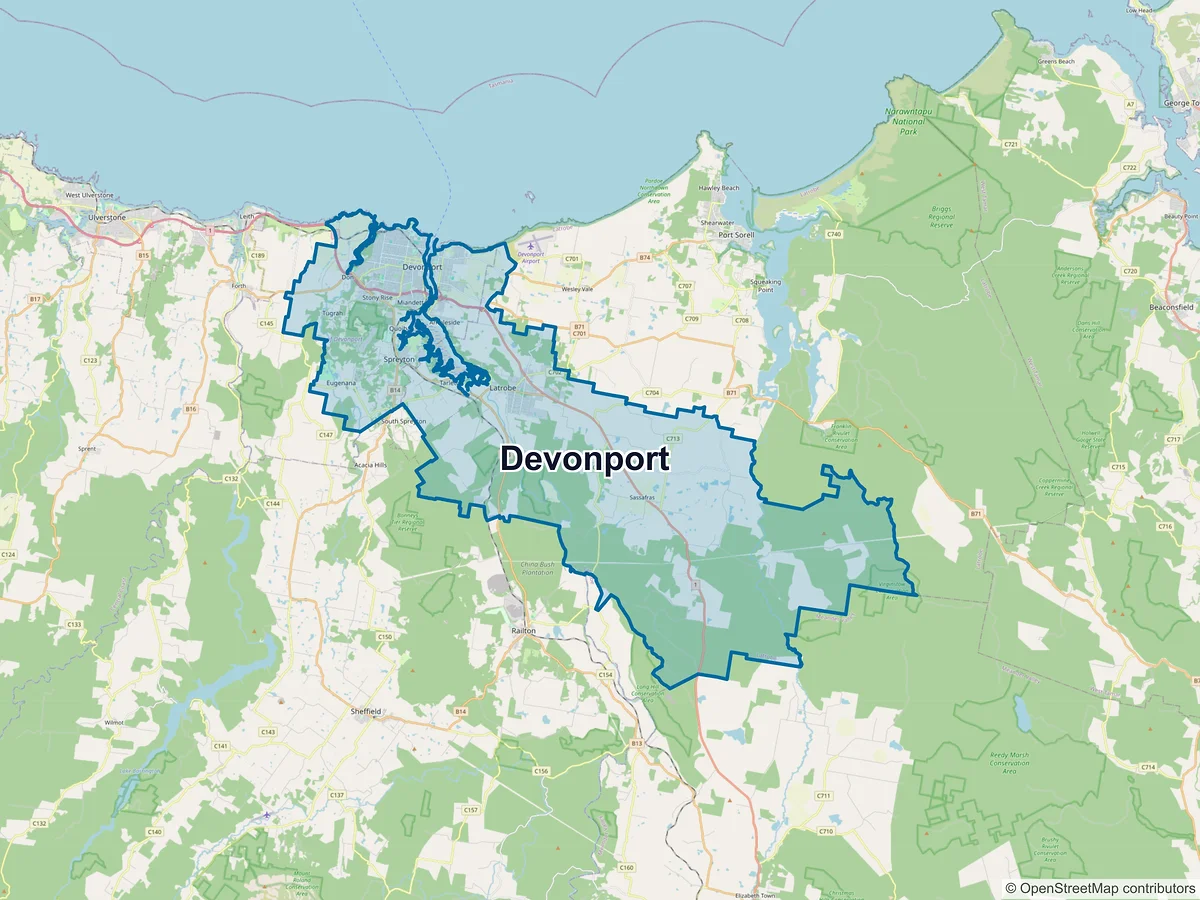 Map of Devonport and its postcodes, Australia