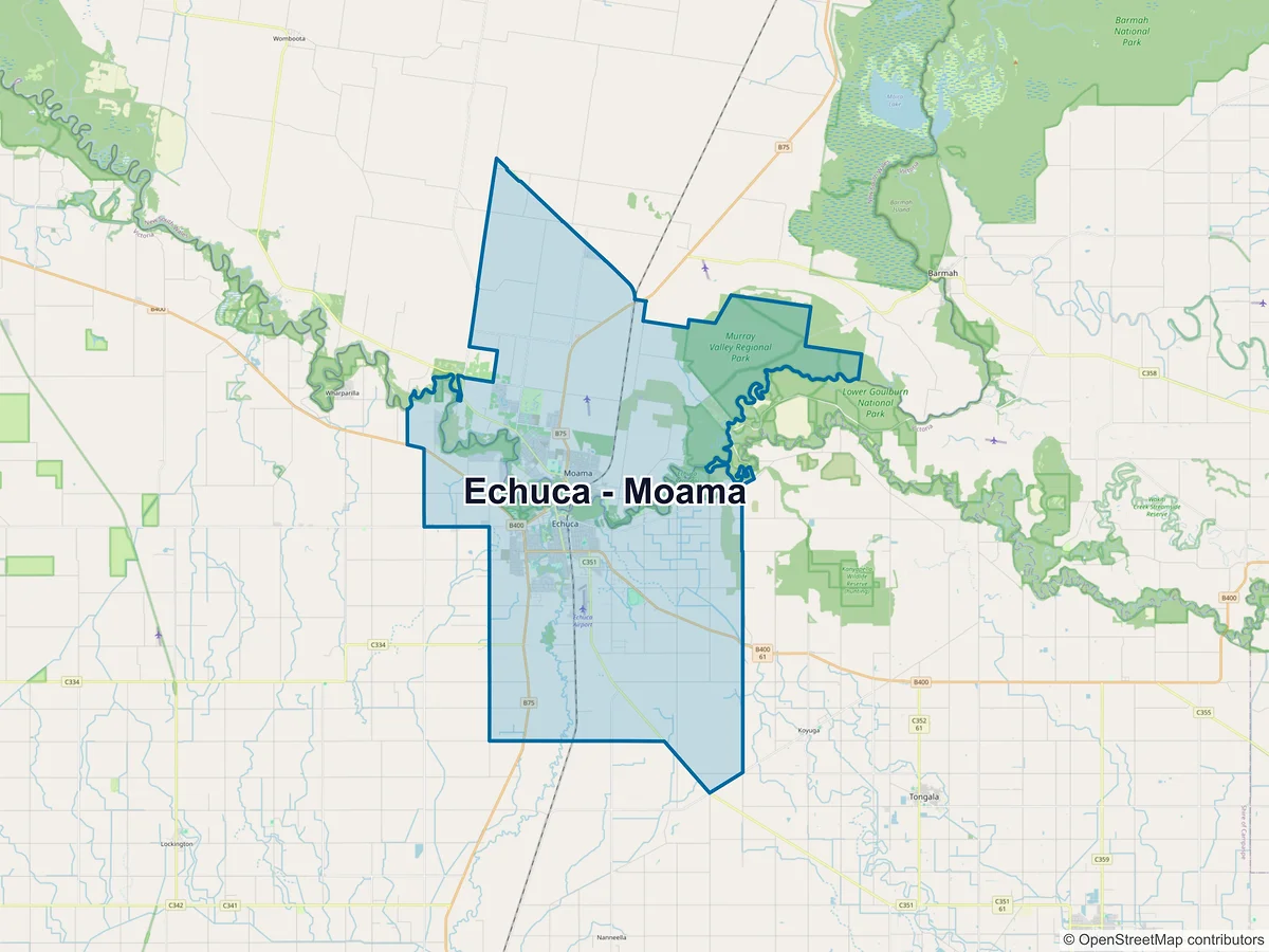 Map of Echuca - Moama and its postcodes, Australia