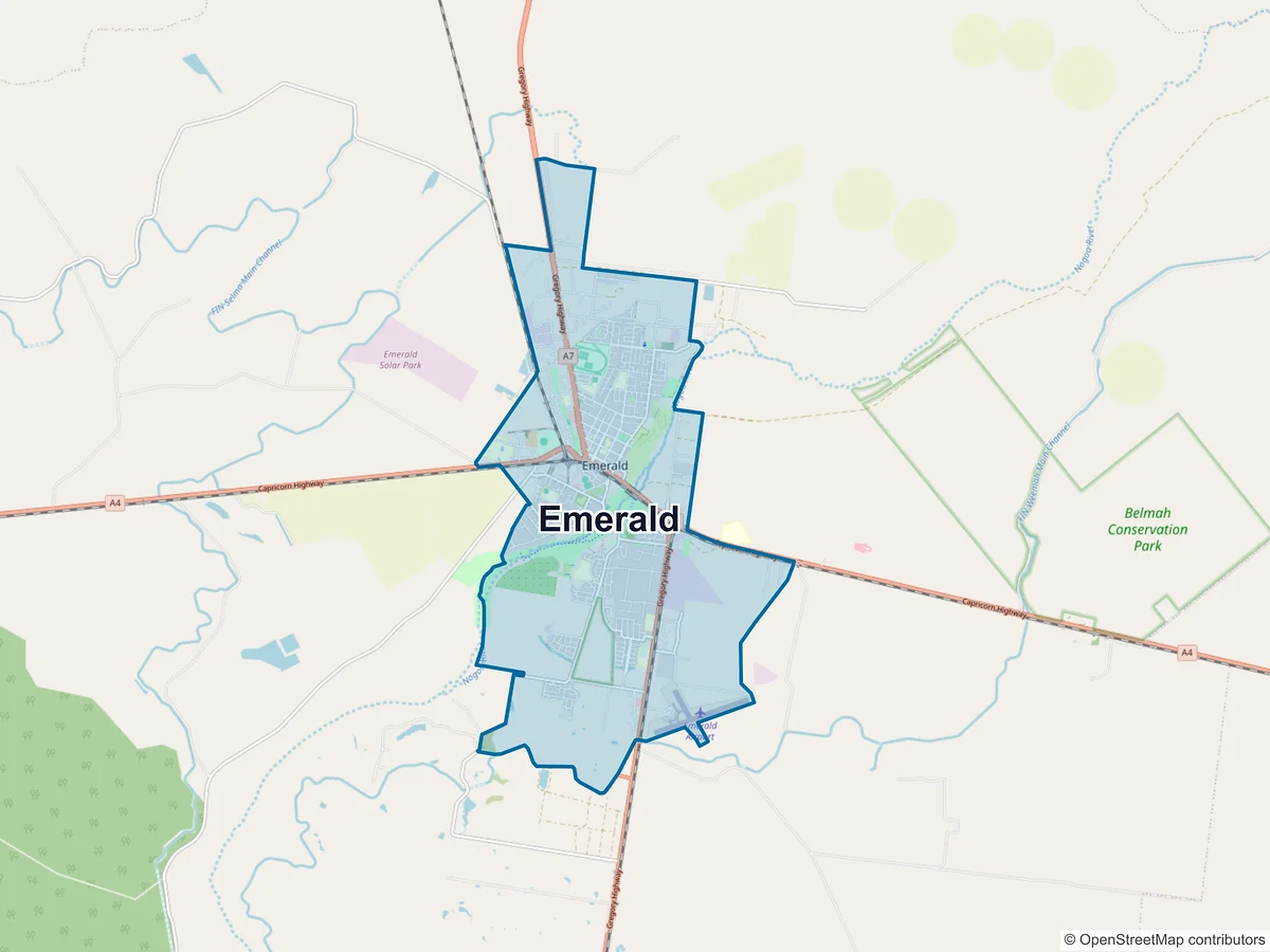 Map of Emerald and its postcodes, Australia