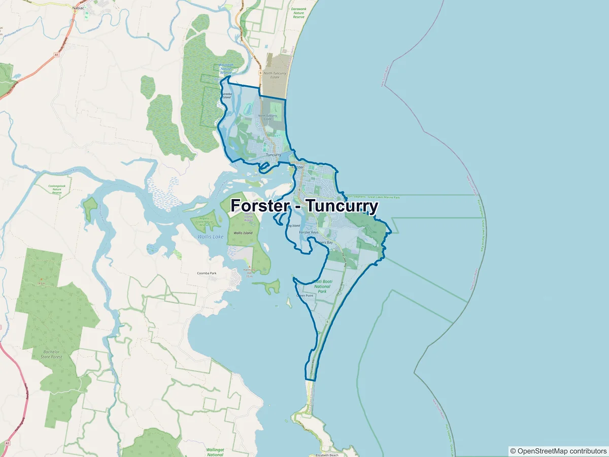Map of Forster - Tuncurry and its postcodes, Australia