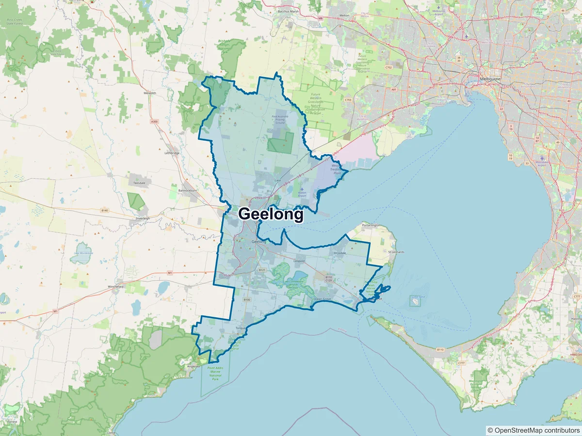 Map of Geelong and its postcodes, Australia