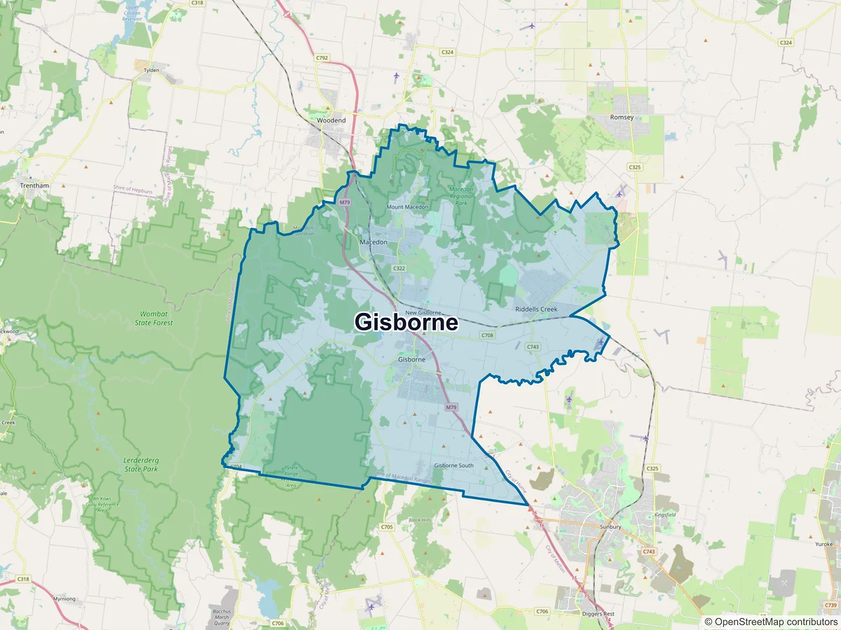 Map of Gisborne and its postcodes, Australia
