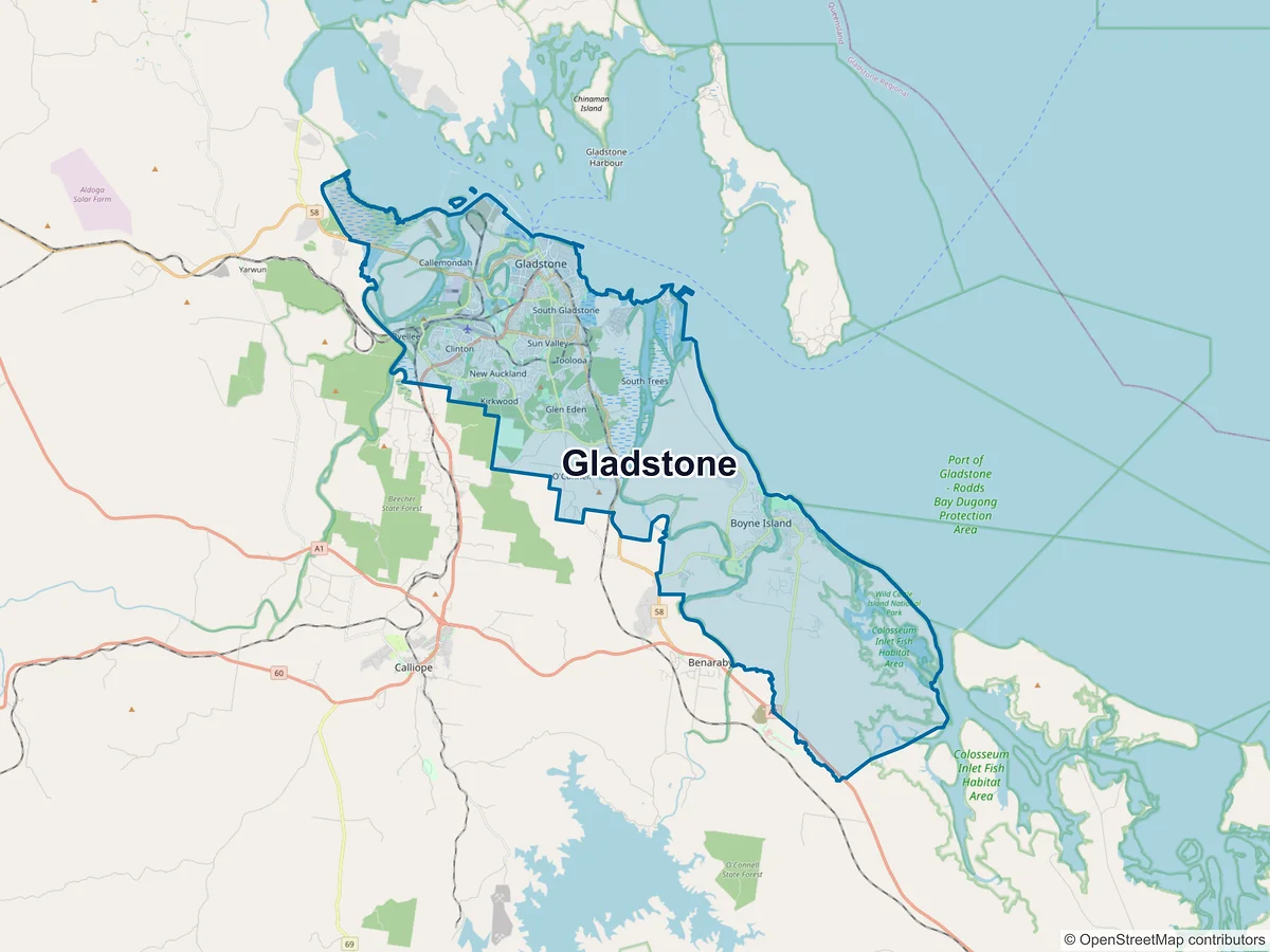Map of Gladstone and its postcodes, Australia