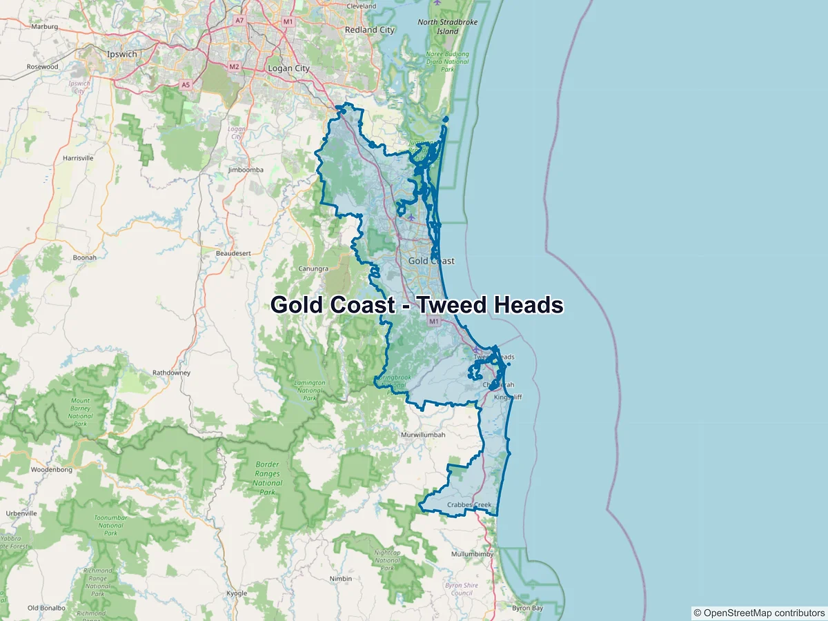 Map of Gold Coast - Tweed Heads and its postcodes, Australia