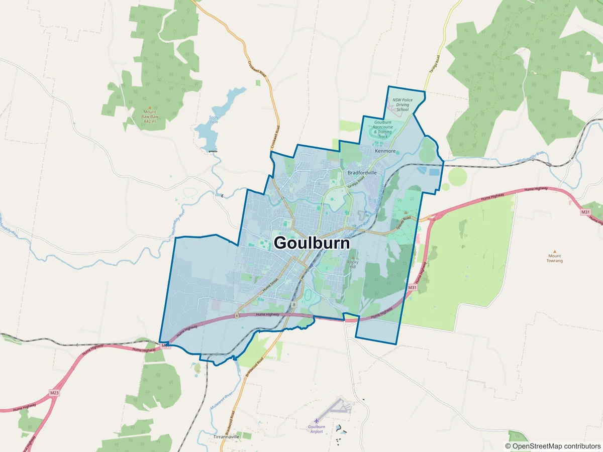 Map of Goulburn and its postcodes, Australia
