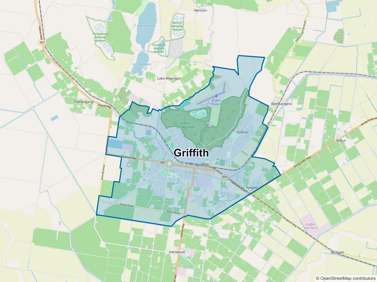 Map of Griffith and its postcodes, Australia