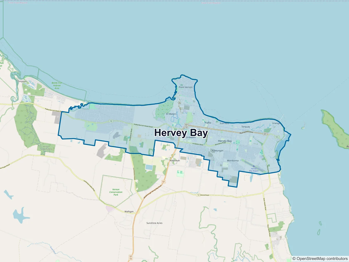 Map of Hervey Bay and its postcodes, Australia