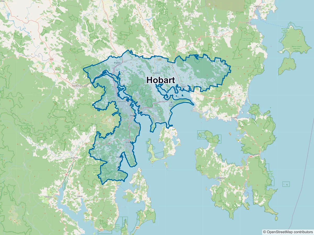 Map of Hobart and its postcodes, Australia