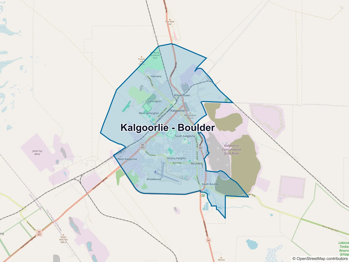 Map of Kalgoorlie - Boulder and its postcodes, Australia