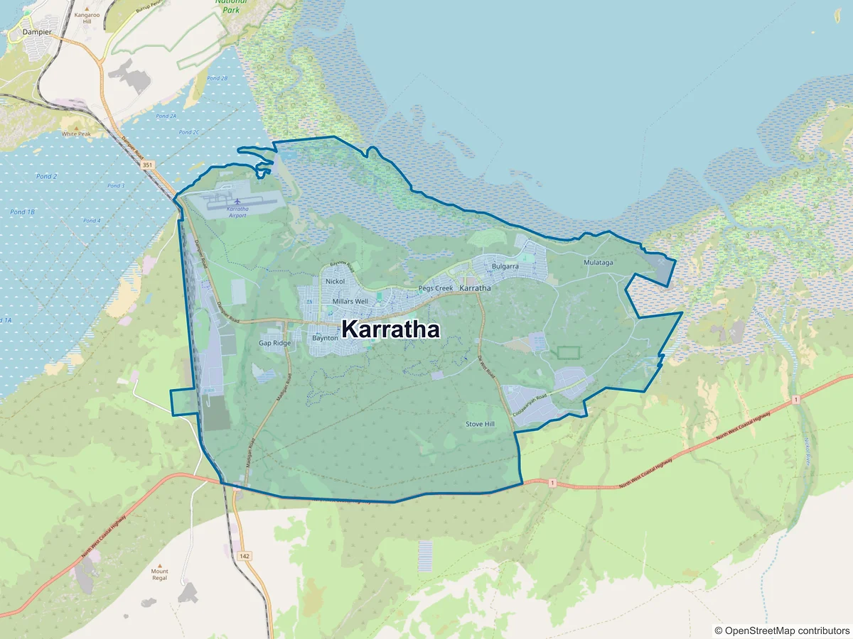 Map of Karratha and its postcodes, Australia