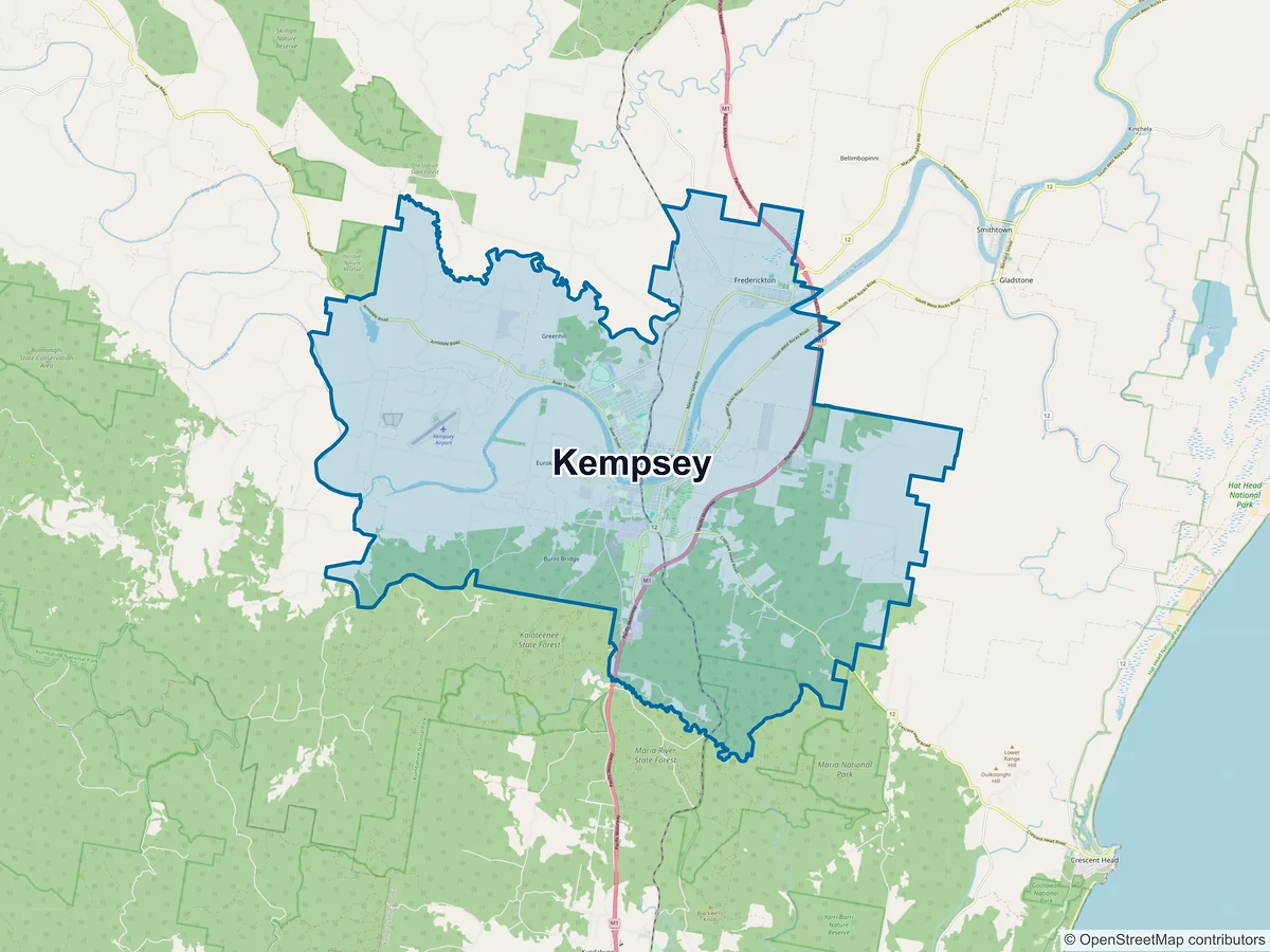 Map of Kempsey and its postcodes, Australia