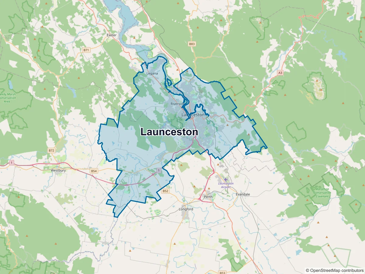Map of Launceston and its postcodes, Australia