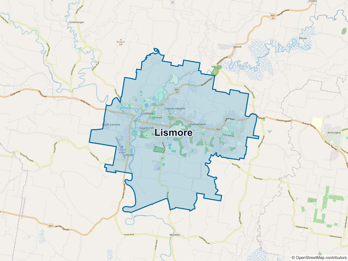 Map of Lismore and its postcodes, Australia