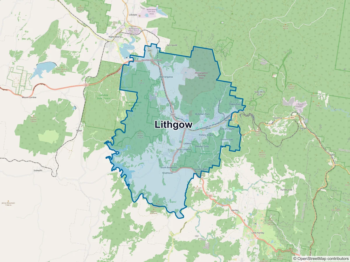 Map of Lithgow and its postcodes, Australia