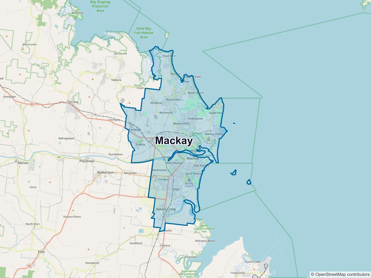 Map of Mackay and its postcodes, Australia