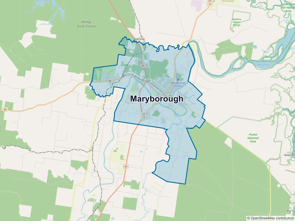 Map of Maryborough and its postcodes, Australia