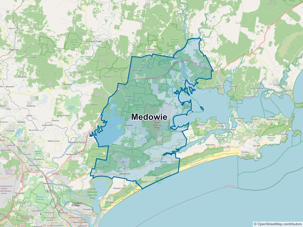 Map of Medowie and its postcodes, Australia