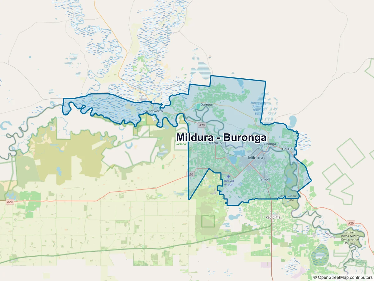 Map of Mildura - Buronga and its postcodes, Australia
