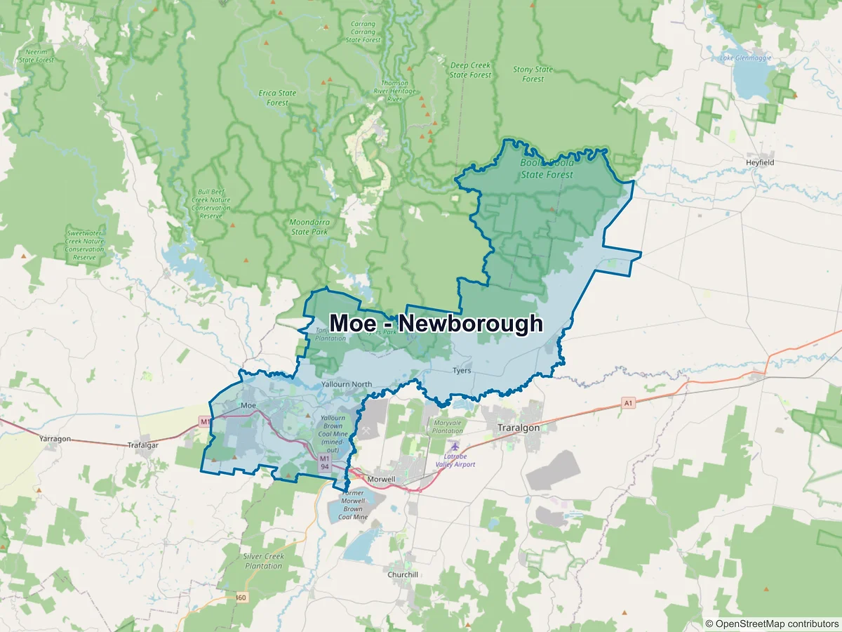 Map of Moe - Newborough and its postcodes, Australia
