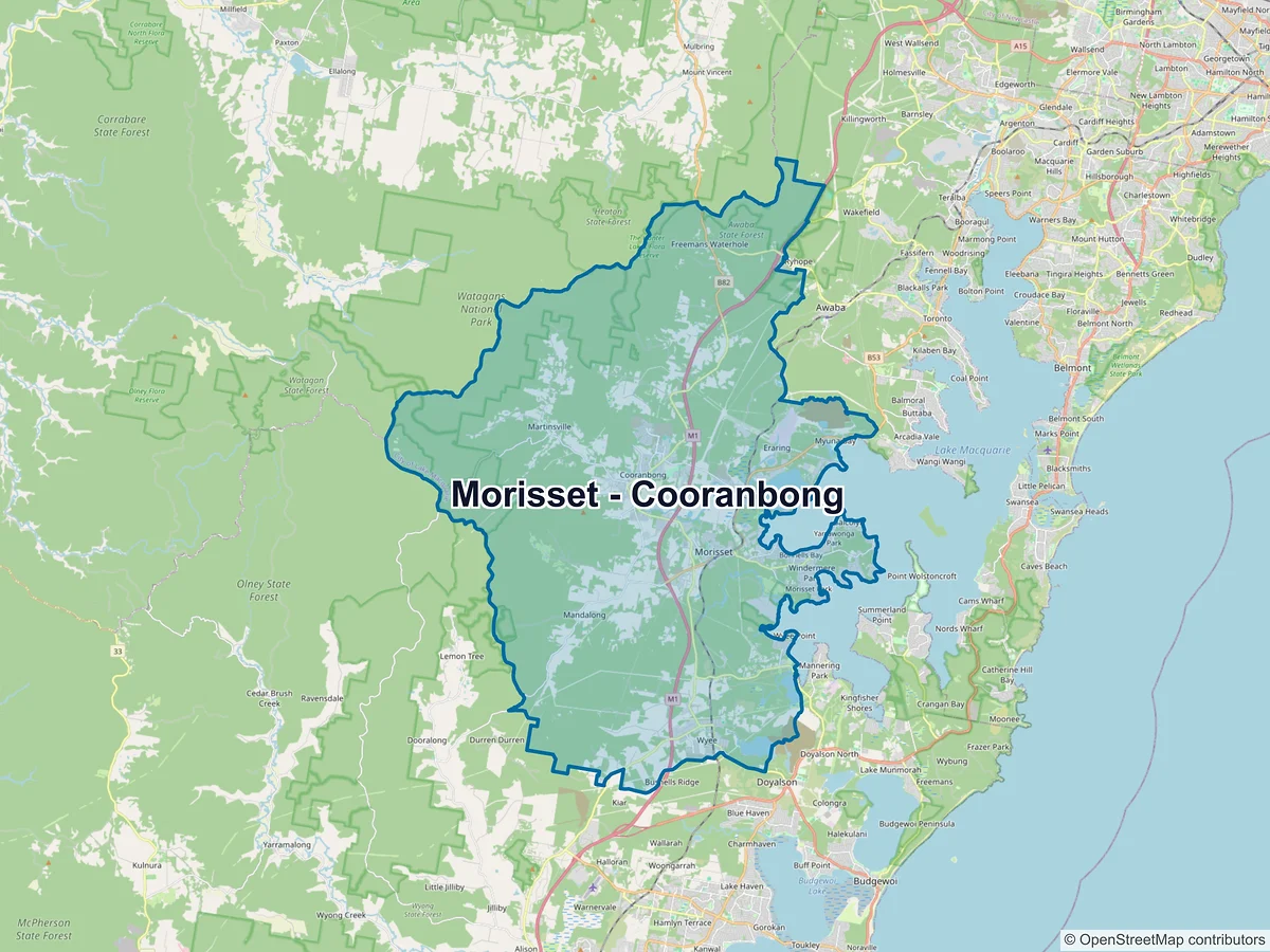 Map of Morisset - Cooranbong and its postcodes, Australia