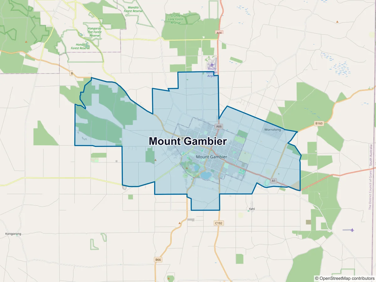 Map of Mount Gambier and its postcodes, Australia