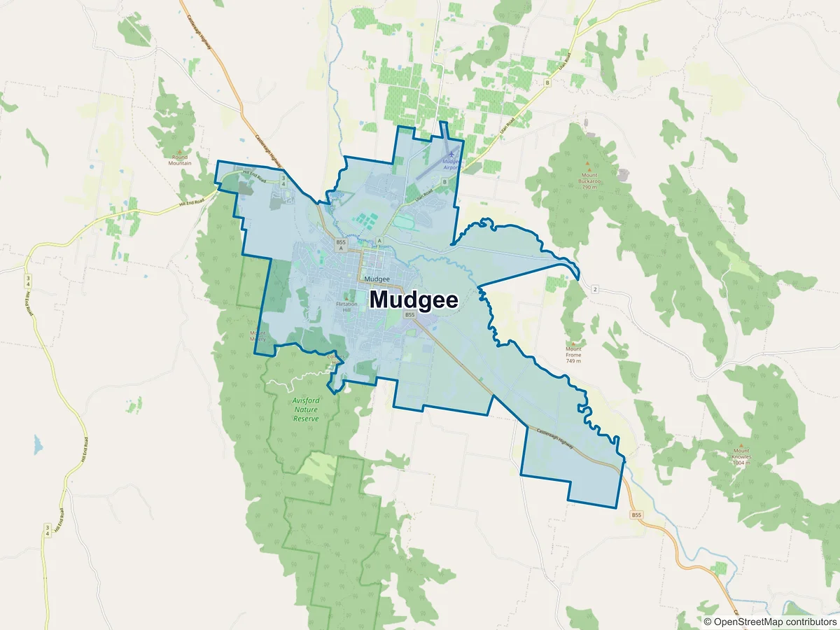 Map of Mudgee and its postcodes, Australia